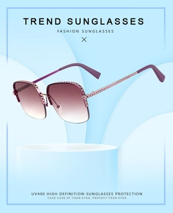Detail of purple square sunglasses with textured metal temples and gradient UV400 lenses