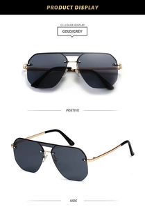 Detailed front and side views of rimless sunglasses with gold temples and grey lenses