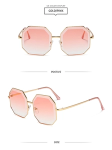 Detailed front and side views of gold rimless octagonal sunglasses with pink gradient lenses