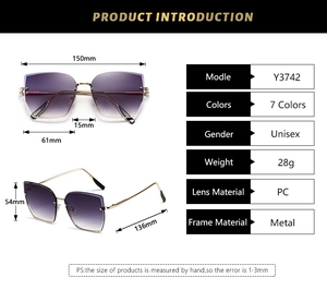 Dimensions détaillées des lunettes de soleil sans monture oversize à verres violets