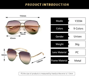 Detailed size chart and technical specifications for oversized metal pilot sunglasses