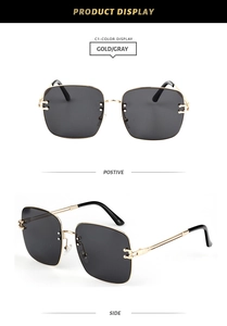 Detail view of gold metal square sunglasses with grey lenses and model number 3851
