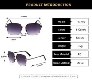 Detailed size chart for square metal sunglasses showing lens width and frame dimensions