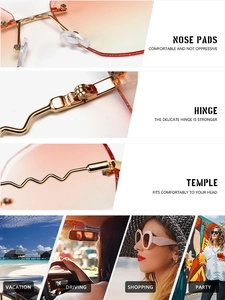 Detail view of wavy gold temples and gradient lenses for rimless retro sunglasses