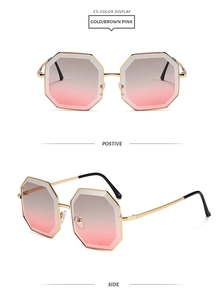 Detail view of octagon metal sunglasses with gradient grey-pink lenses and nose pads