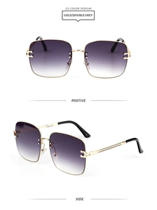 Detail view of gold metal temples and double grey gradient lenses on square sunglasses