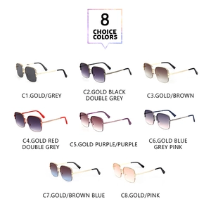 Detail showing 8 choice colors of metal square sunglasses with chain temples in a grid