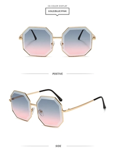 Detail of octagonal gold metal frame sunglasses with blue-pink gradient lenses