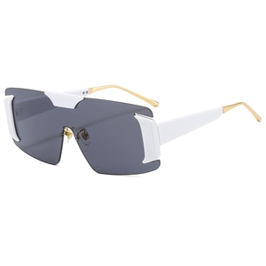 Oversized white rimless shield sunglasses with gold metal temples and smoke lenses