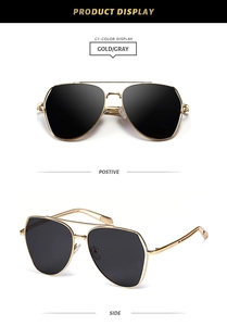 Detailed front and side views of gold irregular metal sunglasses with gray lenses