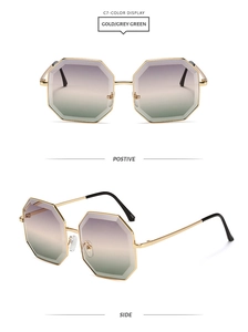 Detailed front and side views of gold metal octagonal sunglasses with gradient lenses