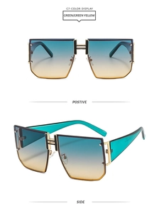 Front and side view of oversized square sunglasses with H-shaped gold metal bridge detail