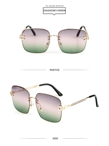 Detailed front and side view of gold square oversized sunglasses with gradient lenses