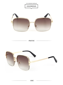 Detail of gold metal square sunglasses featuring woven texture temples and brown lenses