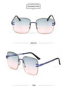 Macro detail of oversized square metal sunglasses with blue-pink gradient lenses