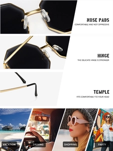 Detail of metal nose pads and hinges on oversized hexagonal black sunglasses