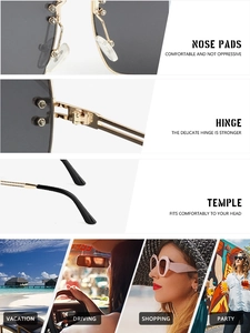 Detail of square metal sunglasses showing nose pads, hinges and stylish lifestyle scenes