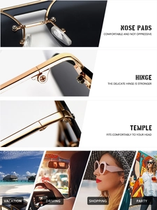 Macro detail of silicone nose pads and hinges with four outdoor lifestyle wearing scenes