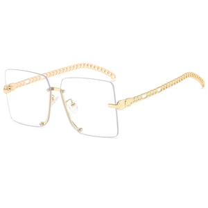 Fashion square semi-rimless sunglasses for women with golden metal chain temples