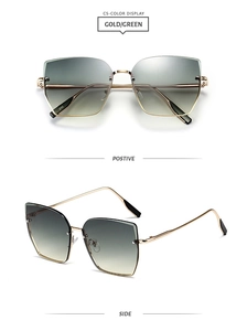 Détails de lunettes de soleil en métal irrégulier avec verres dégradés verts et branches dorées