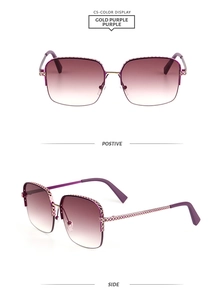 Macro view of gold purple square sunglasses showing intricate cross-weave metal texture