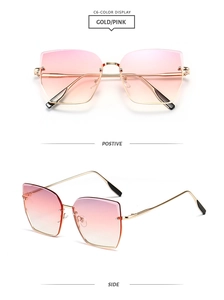 Détail de lunettes de soleil papillon avec dégradé rose et branches en métal doré