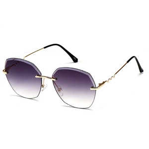 Oversized rimless sunglasses with purple gradient lenses and wavy gold metal temples