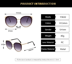 Detailed technical specifications and sizing for cat-ear gold frame gradient sunglasses