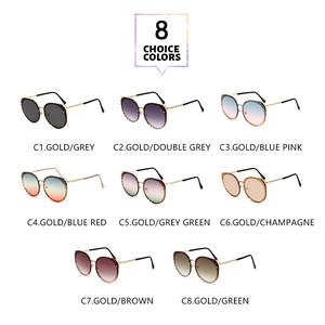 Collage of cat-eye sunglasses in eight different color variants with gold metal frames