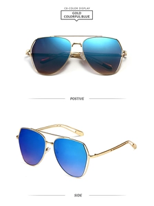 Detail view of gold aviator sunglasses with vibrant blue gradient lenses and hollowed temples