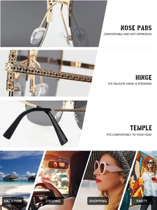 Detail view of gold metal sunglasses frame with cross flower engravings and usage scenes