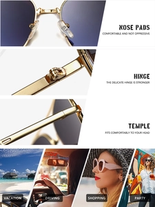 Detailed close-up of sturdy metal hinges and comfortable nose pads on gold sunglasses