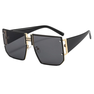 Fashionable polygon oversized sunglasses with gold H-shaped metal accent on black frames