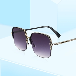 Chic oversized square sunglasses with gold patterned metal frame and purple gradient lenses