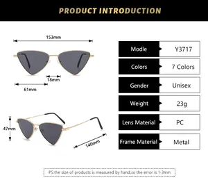 Detailed size chart for triangle metal sunglasses showing frame width and lens dimensions