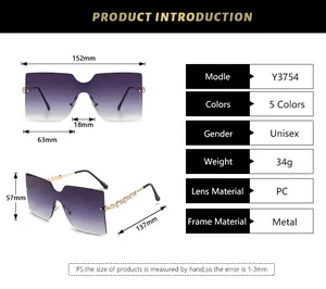 Detailed size chart for rimless oversized sunglasses with metal rhinestone temples