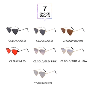 Detailed catalog of cat-eye triangle sunglasses available in seven stylish metal frame colors