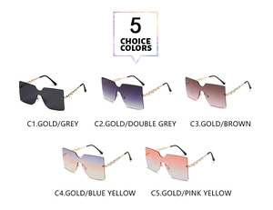 Detail view of oversized rimless sunglasses in five colors with gold hollow metal temples