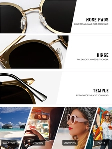 Detailed views of gold cat-eye sunglasses with reinforced hinges and nose pads for daily use