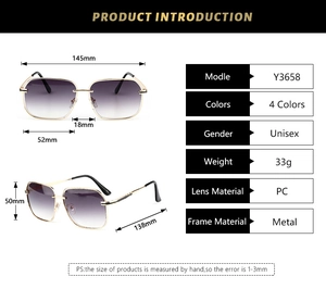 Detailed size chart for square gold metal sunglasses with purple gradient lenses