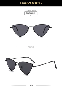 Front and side view of triangle sunglasses with black metal frame and grey lenses