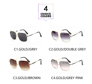 Detailed grid of four stylish gold metal square sunglasses in assorted gradient lens colors