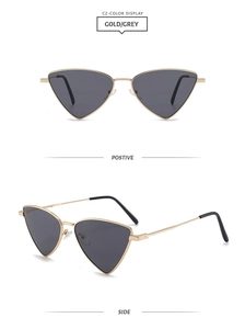 Detailed front and side view of gold metal triangle sunglasses with grey lenses
