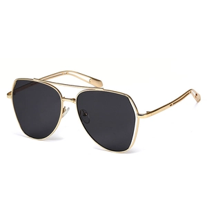 Irregular double bridge metal aviator sunglasses with gold frame and black lenses