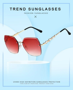Macro detail of rhinestone-embellished gold metal temples on rimless sunglasses