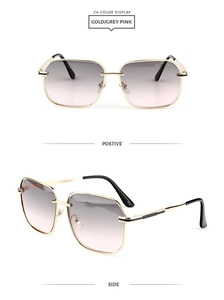 Detail of square gold metal sunglasses with gradient grey pink lenses and nose pads
