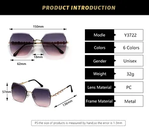 Detailed size chart for rimless round sunglasses featuring PC lenses and metal frame specs