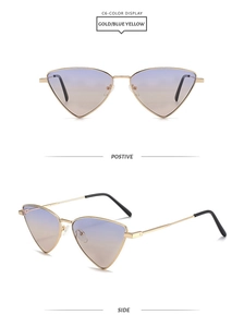 Detail view of golden triangle sunglasses with blue-yellow gradient lenses and slim metal frame