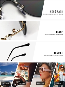 Detail view of gold metal hinges with rhinestones and comfortable nose pads on sunglasses