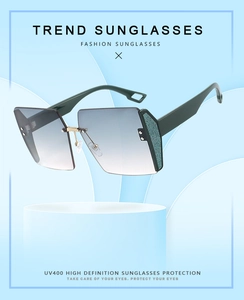 Detail of square gradient sunglasses featuring green diamond-studded temple accents